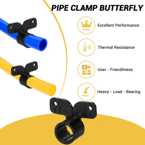 Image showing All In One 190 Piece PEX Pipe Support Kit With 50 Butterfly Style Clamps Three Quarter Inch 20 R Type Nylon Clamps And 120 Screws For PEX Copper CPVC Plumbing Easy Installation DIY Friendly, featuring blue and yellow pipes secured by butterfly clamps highlighting user-friendliness and heavy load capacity.