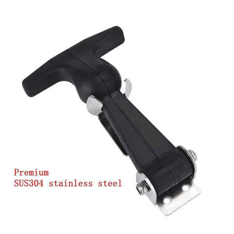 Close-up of Heavy Duty 4.7 Inch Rubber Flexible T Handle Draw Latches Stainless Brackets with SUS304 components.