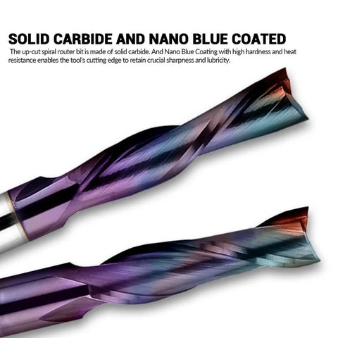 1/4 Inch Shank Upcut Spiral CNC Router Bit With 2 Flutes, 1 Inch Cutting Depth, close-up of durable carbide construction