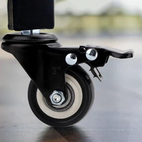 Side view of a heavy duty caster with dual locking mechanism and 360 degree swivel, part of Dual Locking Casters Set Of Four Heavy Duty 330 Lbs Capacity With Five Sixteenth Inch Stem Diameter And One Inch Stem Length 360 Degree Swivel Wheels For Furniture Wire Shelving And Carts Secure Locking Mechanism Fits Standard American Sizing.