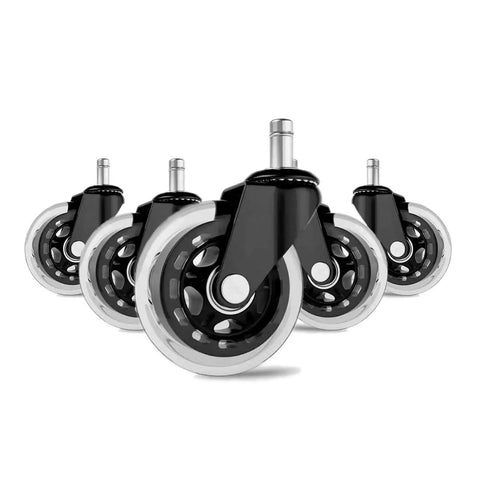 3 Inch Heavy Duty Office Chair Wheels With Soft PU Rubber For Floor Protection On Hardwood Carpet And Tile Surfaces Universal Fit Set Of 5 Black And Clear Caster Wheels For Quiet Smooth Rolling And Floor Safe Performance, front view