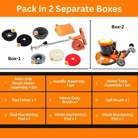 Heavy Duty 17 Inch Floor And Carpet Buffer Machine Workhorse With 2.0 HP Motor 175 RPM 3.4 Gallon Water Tank Built For Commercial And Industrial Floors Scrubbing Polishing And Waxing shown with assembly parts in boxes