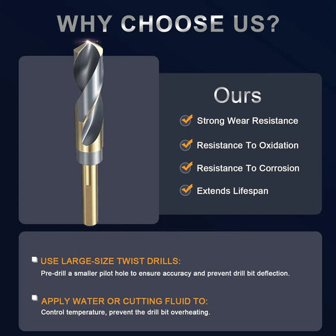 23/32 Inch Drill Bit Pro Grade With 1/2 Inch Reduced Shank 3 Flat Shank 4241 High Speed Steel Black Gold Finish displayed.
