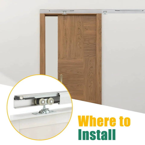 72 Inch Pocket Door Hardware Kit With Dual Soft Close And Soft Open Sliding Pocket Door Hardware Installed Above Wooden Door