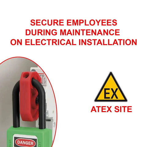 Universal Miniature Circuit Breaker Lockout Device For OSHA Compliant Lockout Tagout Programs, installed on electrical panel