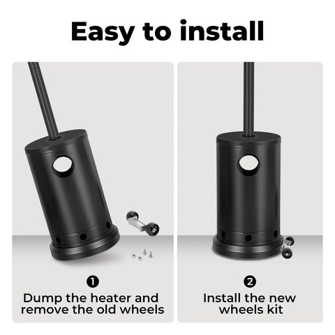 Outdoor heater wheel kit, black, universal base with caster wheels; two-step install guide.