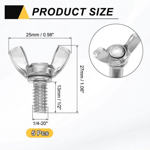 Diagram showing dimensions of Five Pack 1/4-20 Wing Screws Thumb Screws, 1/2 Inch Length, Stainless Steel 304 Machine Fasteners