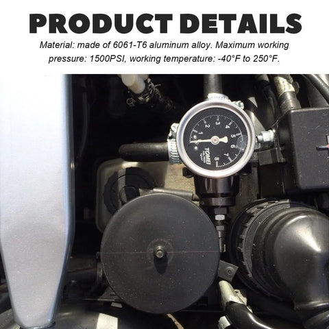NYTKL 6AN fuel line adapter with gauge port installed in engine bay; aluminum, automotive part