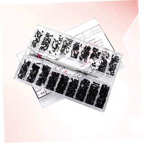 Small Screw Kit For Diyers And Pros Miniature Countersunk Flathead Screws In A Clear Storage Box Carbon Steel Perfect For Repairing Glasses Watches Electronics And More displayed.