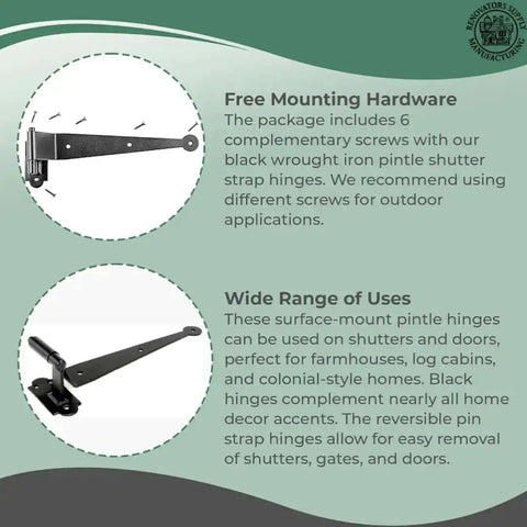 Heavy Duty Black Cast Iron Pintle Strap Hinges Pack Of 30, 11.75 Inch Length, with mounting hardware and usage information.