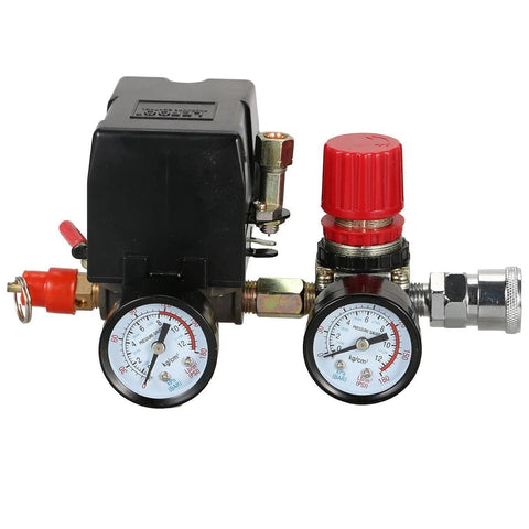 Air compressor pressure regulator with dual gauges, red adjustment knob, and brass fittings on a black control block