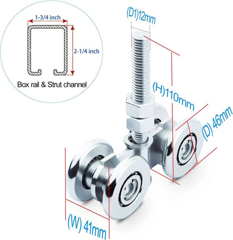 Two Pack Track Roller Wheels For Beam Trolley System, Sliding Door Roller Track Wheels With Box Rail Strut Channel diagram