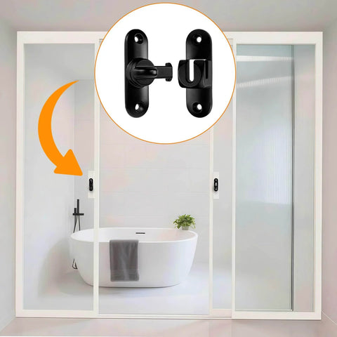 90/180 Degree Barn Door Lock With Flip Latches, heavy-duty black zinc alloy installed on sliding bathroom door