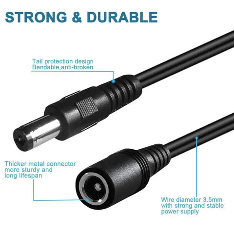 Close-up of Long 13Ft DC Power Extension Cable 5.5mm x 2.1mm 12V Extension Cord with strong metal connectors.
