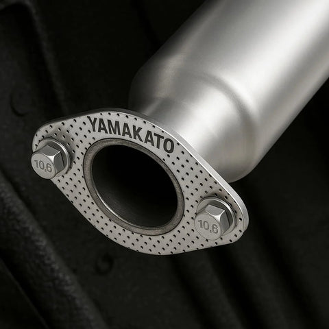YAMAKATO exhaust flange gasket, 3-inch two-bolt, silver metal, front view with bolts