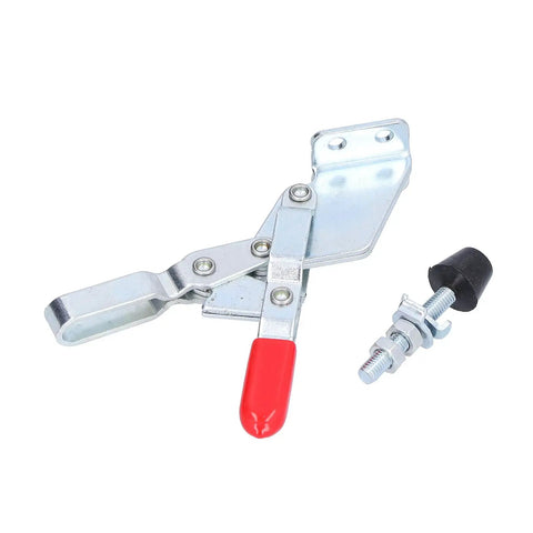 Beefy Toggle Clamp Hold Down Clamp With Rubber Pressure Tip For Woodworking Jigs And Fixtures Welding Drill Press And Crosscut Sled 100 Kilogram Clamping Force Quick Clamp Ergonomic Plastic Grip visible with metal body and red handle.