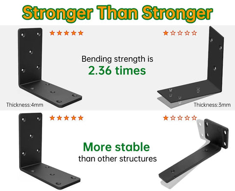 Beefy Heavy Duty 5x5 Inch L Bracket Set, 90 Degree Corner Brackets, showcasing thickness and stability comparison.