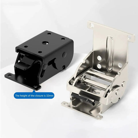 Industrial Locking Hinges 90 Degree Foldable Leg Brackets for Tables Beds and Workbenches, black and silver, rust resistant steel and aluminum.