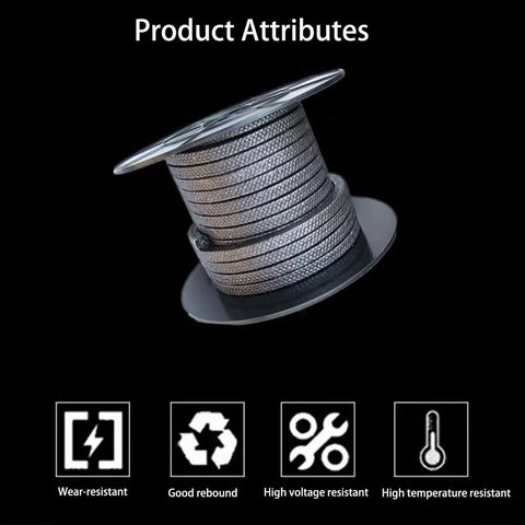 Flexible graphite braided packing rope on spool; gray braided rope, 3/8 in diameter, high-temperature seal for pumps.