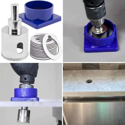 1-3/8 Inch Diamond Hole Saw Kit With Water Delivery And Guide For Granite And Quartz Countertops Ceramic Porcelain And Glass Tile Drill Bit Heavy Duty 3/8 Inch Shank Beast Mode Drilax in use on various surfaces.