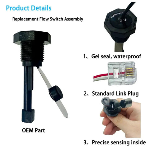 Upgraded GLX FLO RP Pool Flow Switch for Hayward with gel seal, standard link plug, precise sensing, heavy-duty metal, 15 ft cable
