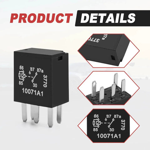 Beefy 12V Five Pin Car Fuel Pump Relay Kit showing front, side, and pin details for universal auto relay replacement.