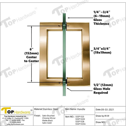Stainless Steel 304 Grade Tubular Back to Back Shower Door Pull Handle 6 Inch Center to Center Square Satin Brass Finish Pair Pack