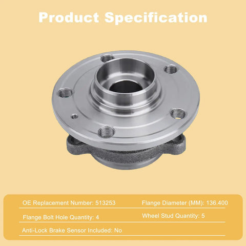 Two Front And Rear Wheel Hub Bearing Assemblies 513253 Direct Replacement Kit for VW and Audi, shown with specs.