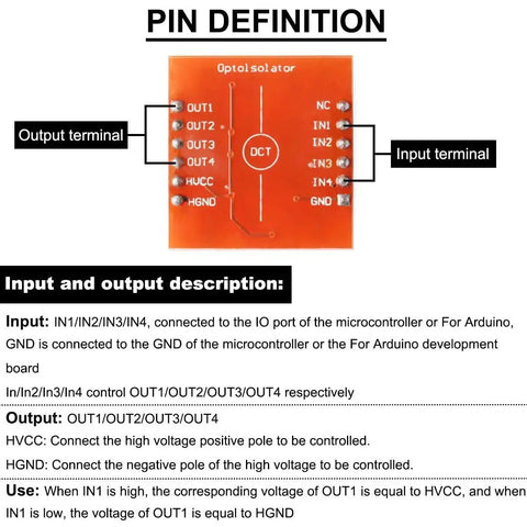 Diagram of Five-Piece Four-Channel Optocoupler Isolation Module With TLP281 ICs For Arduino, showing pin connections and usage.