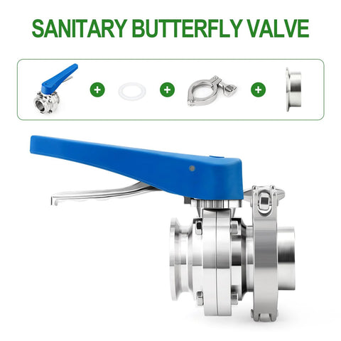 TAISHER 4-inch stainless steel butterfly valve kit with blue lever handle and tri-clamp ferrule