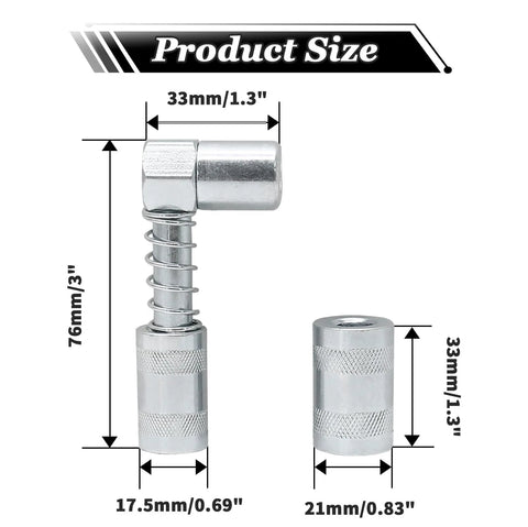 Grease gun adapter, 90-degree, Bonsicoky, chrome metal with knurled grip and coil spring
