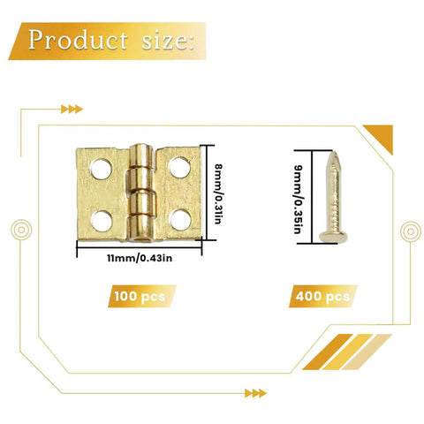 100 Pack Mini Brass Hinges For Jewelry Boxes And Small Cabinets, 180 Degree Rotation Gold Butt Hinges, size details shown