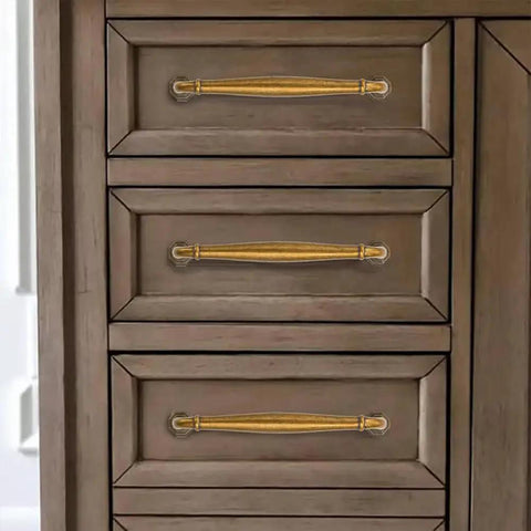 10 Pack Antique Brass Cabinet Pulls 3 Inch Center To Center Vintage Solid Hardware on a Wooden Dresser