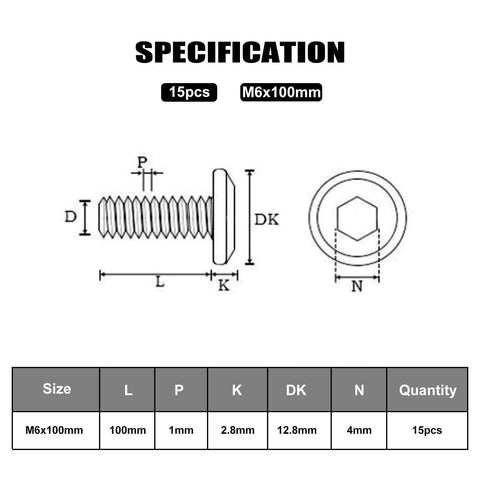 Diagram of Heavy Duty M6 X 1.0 Flat Head Hex Socket Cap Screws Bolts, 100 Mm Length, 15 Piece Set, 304 Stainless Steel specifications.
