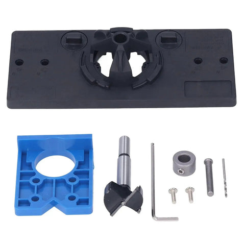 35mm Hinge Hole Saw Jig Drilling Guide Set For Woodworking With Adjustable Depth From 15mm To 45mm In ABS Material Black Cutter Bit Locator For Door Hinges And Furniture Installation components displayed.