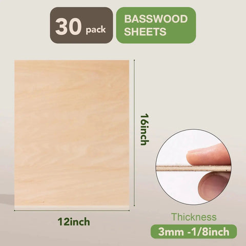 Thirty Pack Basswood Sheets One Eighth Inch Thick and Twelve By Sixteen Inch Blanks For Laser Engraving And Cutting Great For CO2 Lasers DIY Projects And Crafting product image showing dimensions and thickness