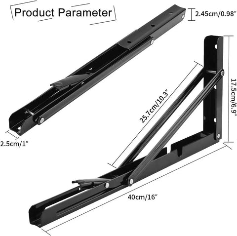 Heavy Duty 16 Inch Folding Shelf Brackets Pack Of 2 By YUMORE Black L Bracket Hinge dimensions shown in detailed view