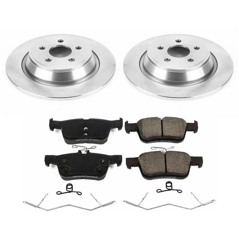 Front view of PowerStop rear brake kit: two rotors and four ceramic brake pads with hardware