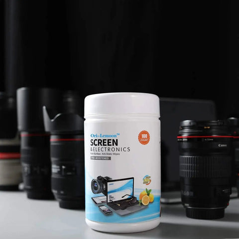 Container of Streak Free Monitor Cleaning Wipes For Electronics Screens And Glasses with cameras and devices nearby