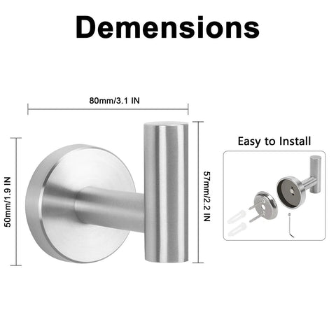 Dimensions of 304 Stainless Steel Towel Hooks And Robe Hooks Wall Mounted with Brushed Nickel Finish, heavy duty, easy to install, 4 pack