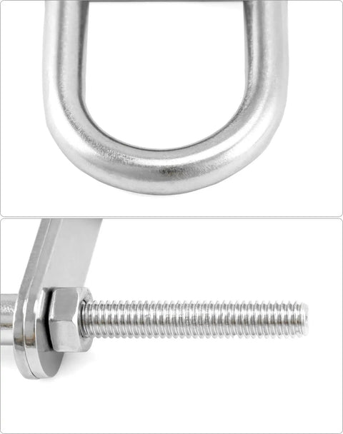 Close-up of Four Pack 304 Stainless Steel U Bolts M6 x 90mm With Nuts And Plates For Boat Decks, showing deep threaded design and rust-resistant material.