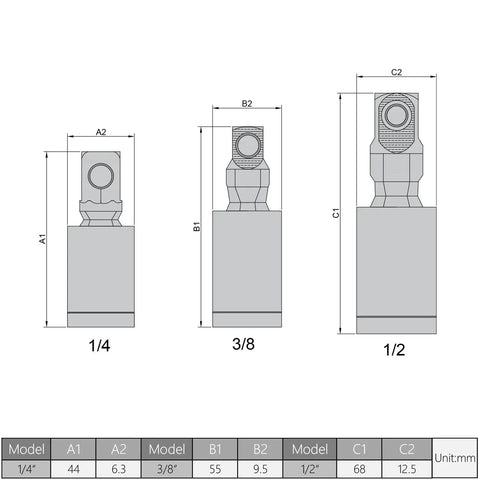 Two-piece 3/8 inch universal joint socket adapter set; sleeve reducer, technical drawing with multiple size views