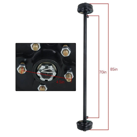 Electric brake trailer axle, 3500 lb capacity, 5x4.5 bolt pattern, black steel, 70in spring center, 85in hub face