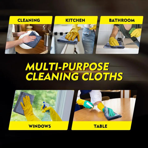 Multi-purpose cleaning cloths in use for various surfaces including kitchen, bathroom, windows, and table.