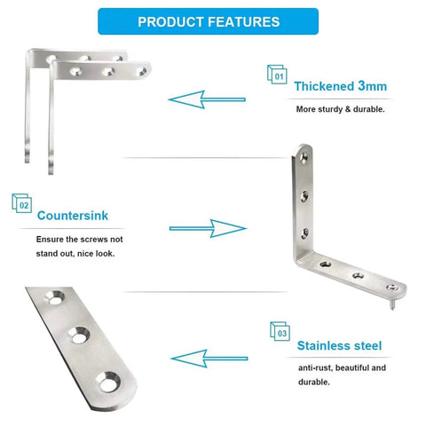Heavy Duty Stainless Steel Corner Bracket 10 Pack For Wood And Metal Joints, 3 x 3 Inch Right Angle Braces, Rust Resistant With 6 Holes