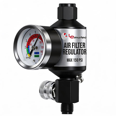LE LEMATEC air filter regulator with gauge, chrome dial and black housing, 1/4" NPT inline, 150 PSI max