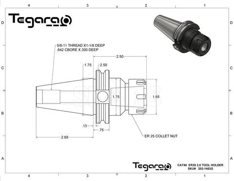 Technical diagram of CAT40 ER25 2.5 Inch Projection Collet Chuck Tool Holder Set Of 4 with measurements and specifications detailed.