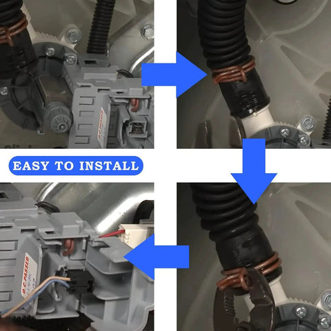 Washer drain pump assembly for Whirlpool/Kenmore/Maytag; gray plastic unit with hoses and copper clamps, installed.