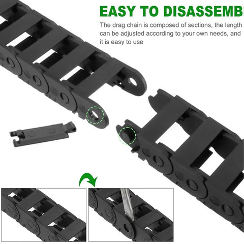 Flexible Drag Chain Cable Wire 10x15mm Internal Size Black Open Type For CNC Routers, shown disassembled with connectors