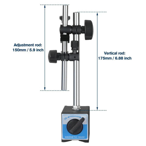 Pro Grade 0-1 Inch Dial Indicator With Magnetic Base And Adjustable Long Arm, shown with measurement labels.